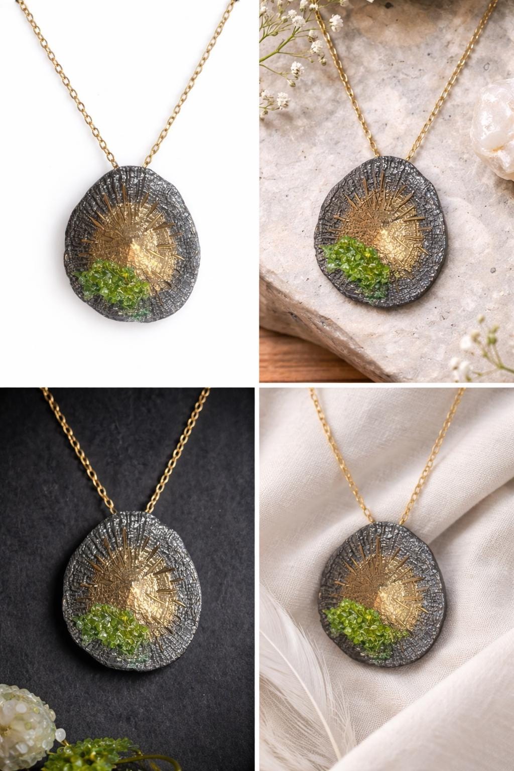 Colgante de plata,con baño de bronce y dorado,piedra de olivina ,y  forma de lapa ,regalo para mujer