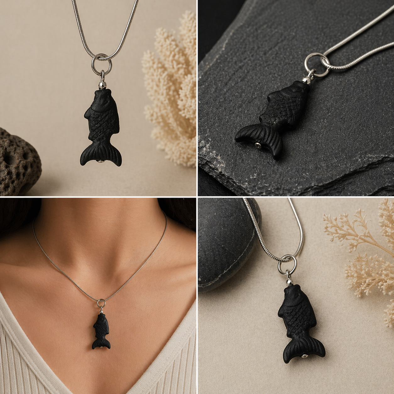 Colgante pez de lava volcánica prensada | Doble cara | Collar minimalista negro | Joyería artesanal original