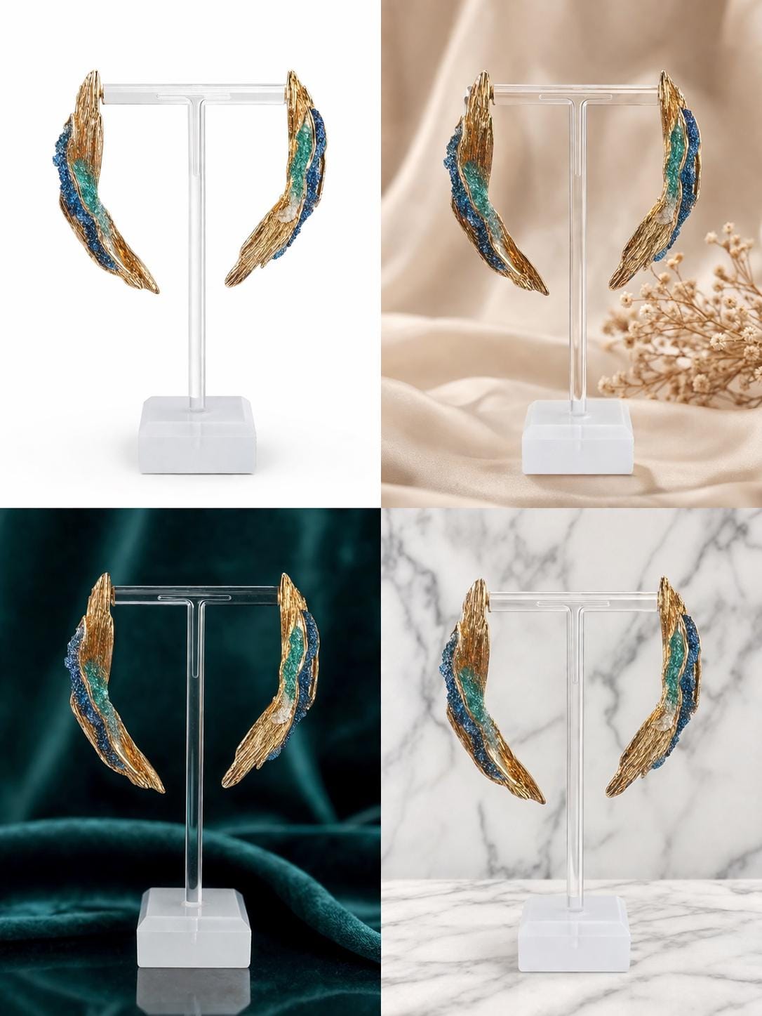 Pendiente largos artesanales ,plata y baño dorado,con un detalle de aguamarina y cuarza-Joyeria unica hecha a mano.