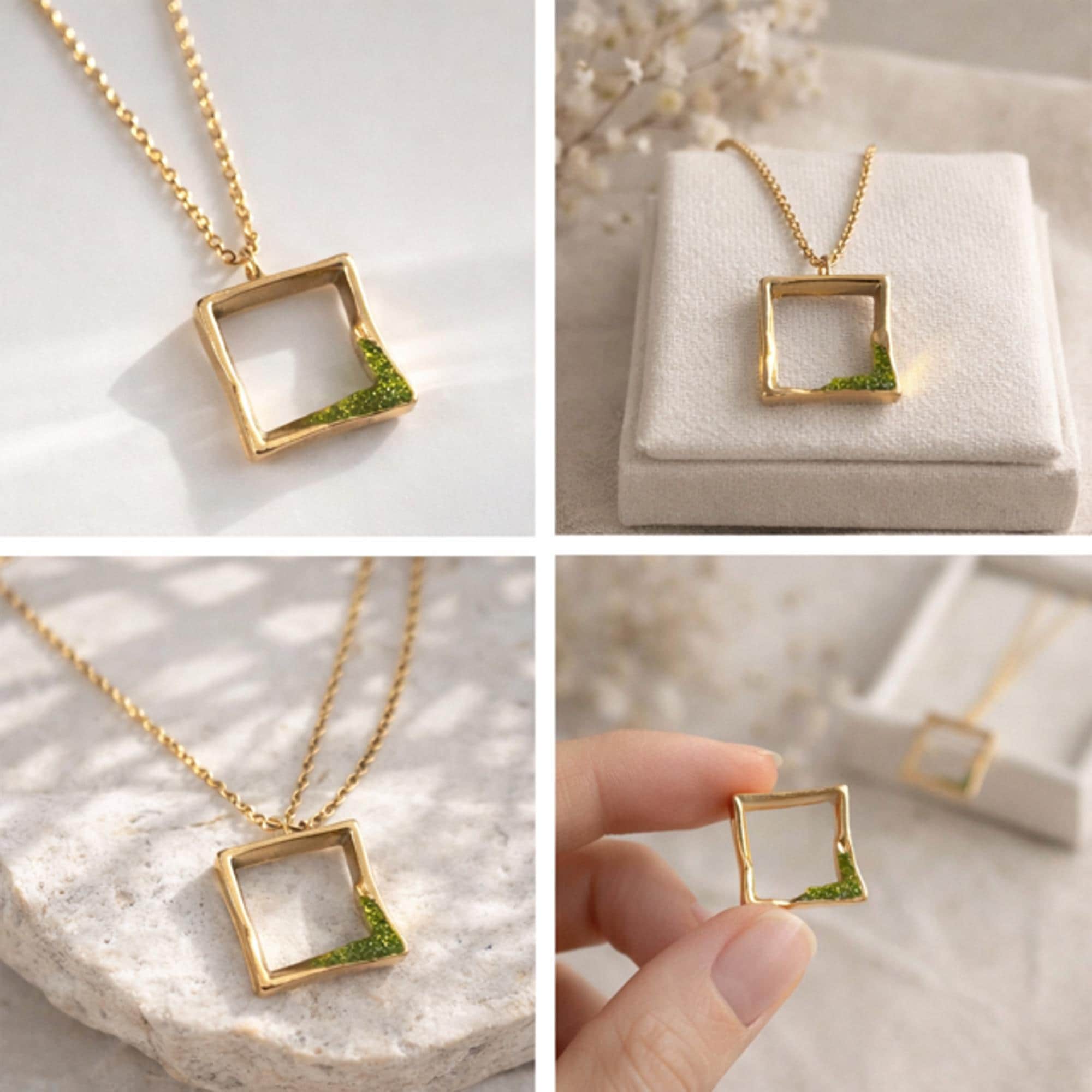 Pendiente cuadrados minimalistas con peridoto(olivina)-Joyeria artesanal moderna-regalo mujer.