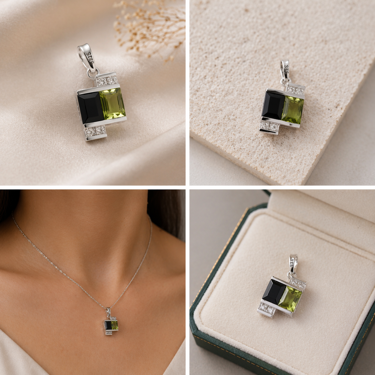 Colgante plata 925 con peridoto, obsidiana y circonitas | Collar elegante geométrico | Joyería fina moderna