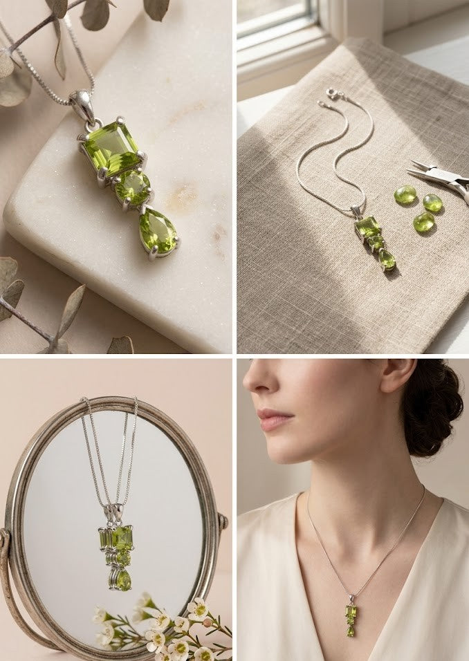 Colgante de Peridoto en Plata de Ley 925, Collar de Piedras Verdes Naturales, Estilo Moderno y Elegante.