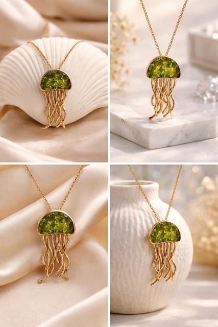 Colgante medusa de plata ,con baño dorado y peridoto(olivina)-Joya artesanal,elegante-Regalo mujer.