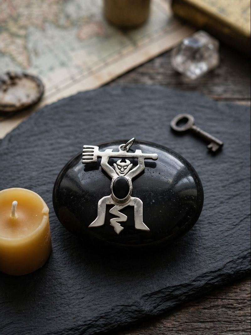 Colgante Diablillo de Plata de Ley y Piedra de Lava Volcánica | Amuleto Místico Hecho a Mano | Joyería Gótica Elegante y Protección