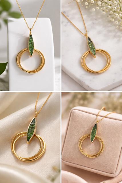 Collar de  plata con baño dorado y peridoto(olivina)Joya elegante con piedra natural-Collar minimalista con aros-Regalo sofisticado mujer.