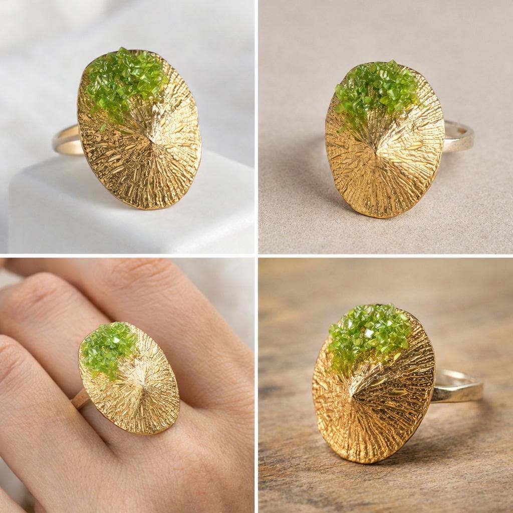Anillo de peridoto,en plata con baño dorado,ajustable,regalo mujer,joya delicada