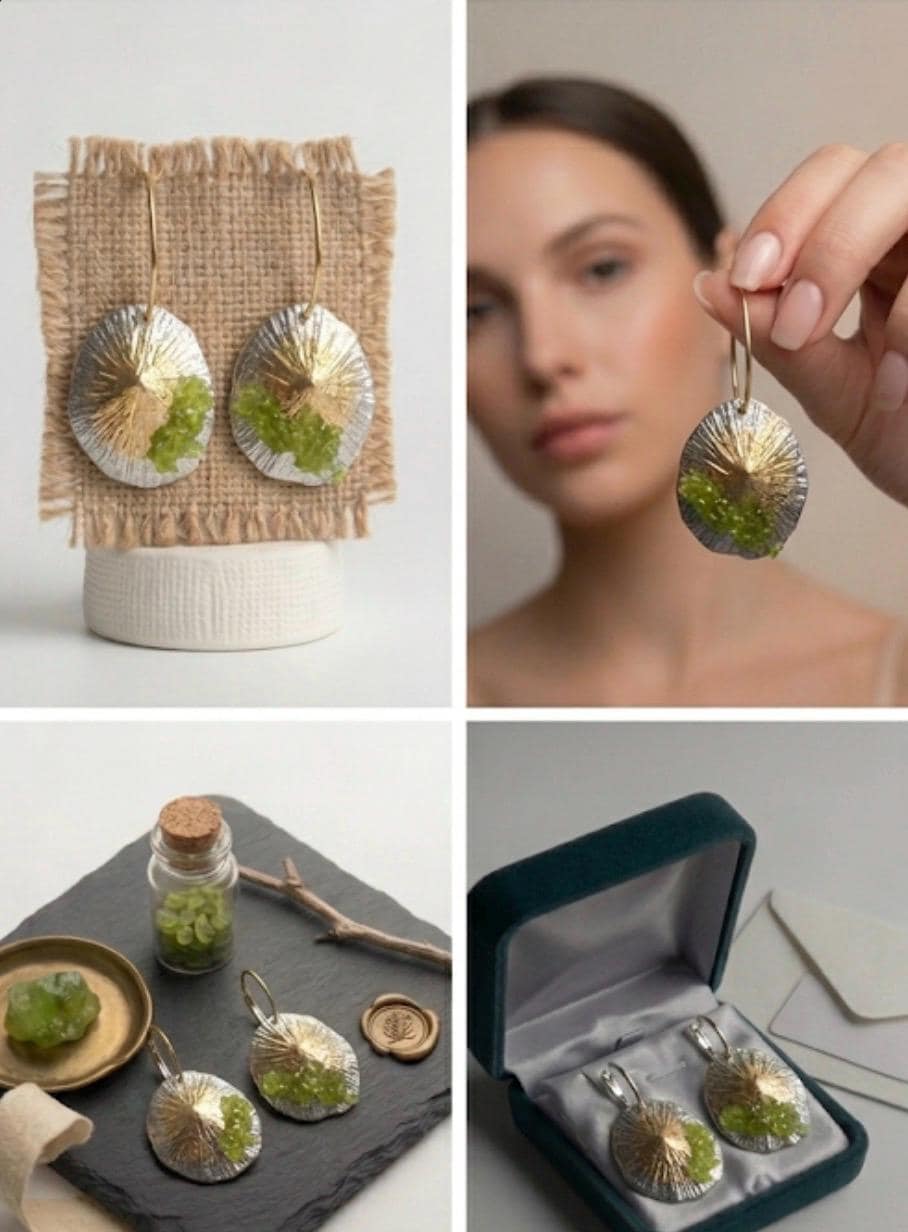 Pendiente artesanal y original,de plata con baño dorado y piedra olivina(peridoto)-Joyería hecha a mano,regalo elegante ,para mujer.