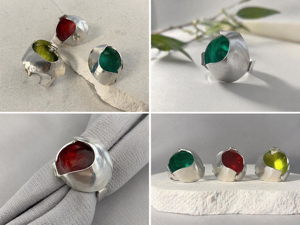Anillo ajustable de aluminio con esmalte | Joyería artesanal moderna | Anillo contemporáneo color rojo verde lima| Diseño único hecho a mano