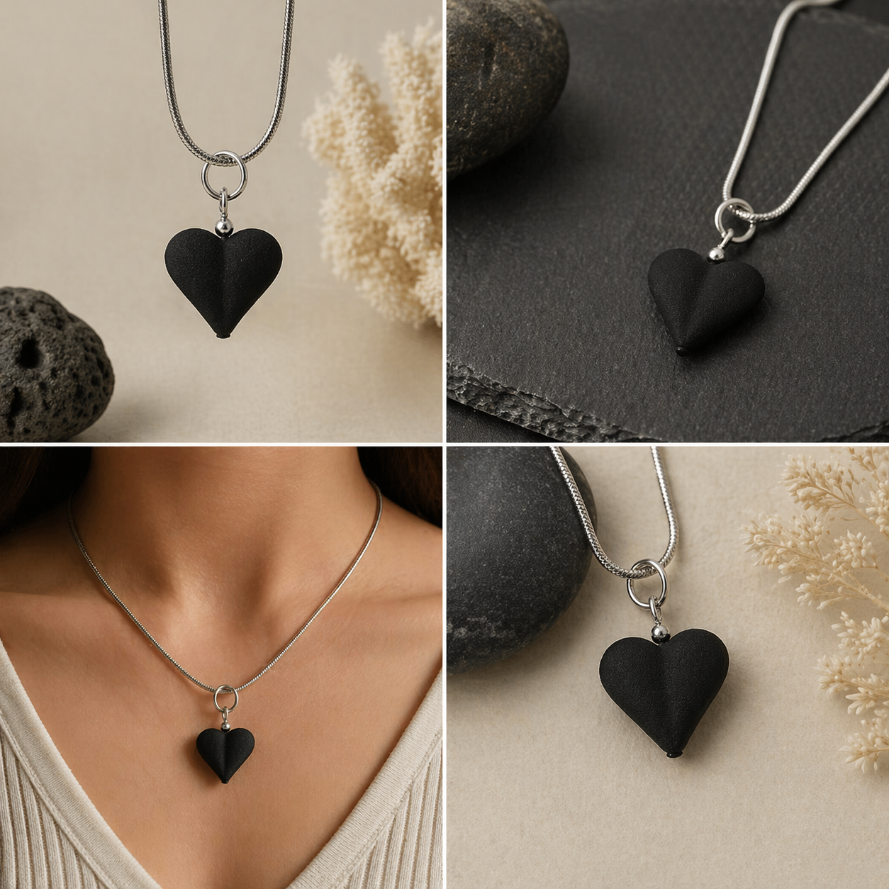Colgante corazón de lava volcánica prensada | Doble cara | Collar minimalista negro | Joyería artesanal elegante