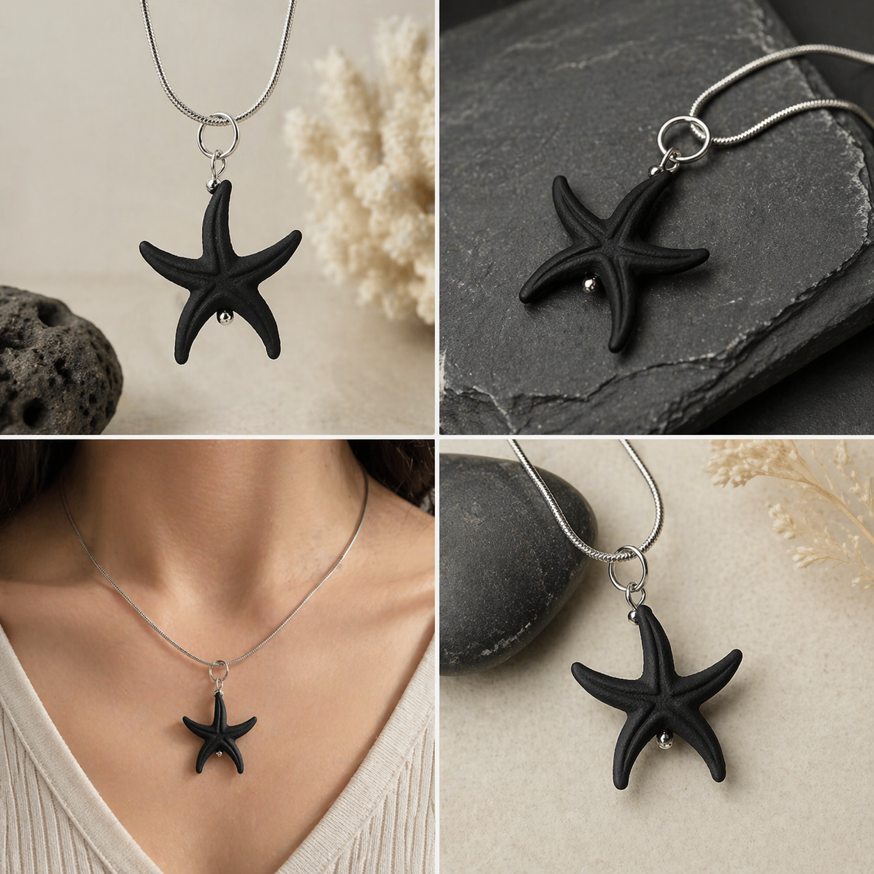 Colgante estrella de mar de lava volcánica prensada | Doble cara | Joyería artesanal minimalista | Collar negro elegante