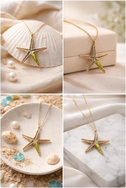 Colgante estrella,de plata con detalles dorados,y peridoto(olivina),tamaño del colgante 30mm-Joyeria inspirada en el oceano-Regalo mujer.