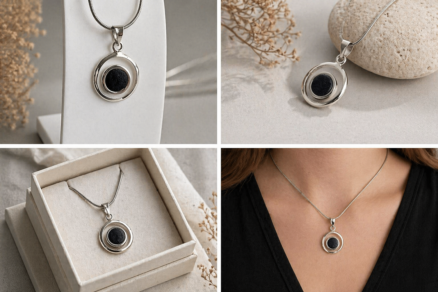 Colgante de Plata 925 con Lava Volcánica | Collar Minimalista Elegante | Joyería Artesanal