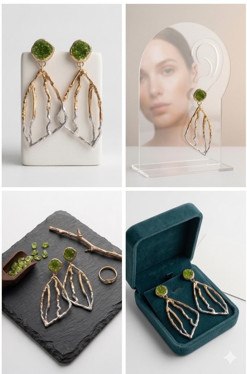 Pendiente largos artesanales ,plata y baño dorado,con peridoto natural-Joyeria unica hecha a mano.