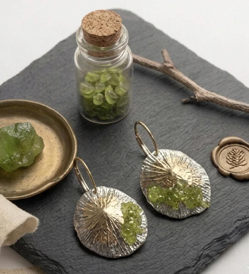 Pendiente artesanal y original,de plata con baño dorado y piedra olivina(peridoto)-Joyería hecha a mano,regalo elegante ,para mujer.