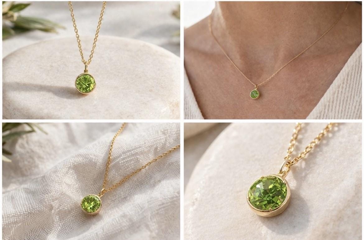 Collar de peridoto en plata con baño dorado,colgante minimalista piedra peridoto,joya delicada,regalo mujer