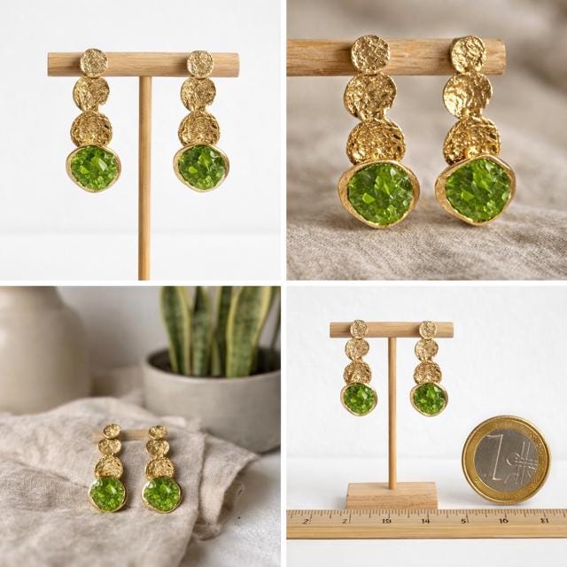 Pendiente de plata,con baño dorado,con peridoto-Pendientes colgantes artesanales verdes-joyeria elegante hecha a mano ,para mujer