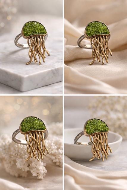 Anillo medusa ,ajustable ,de plata con baño dorado y peridoto-Joya artesanal-Anillo inspirado en el mar-Regalo mujer.