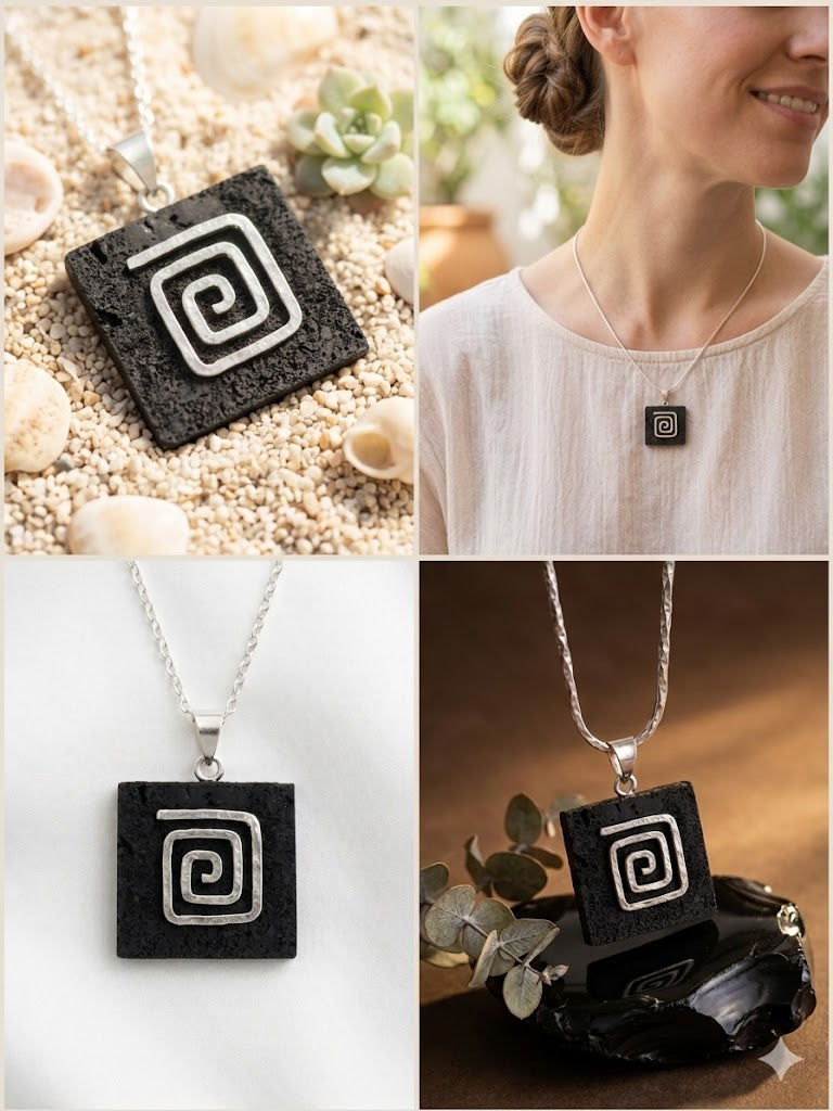 Colgante de Piedra de Lava y Plata de Ley 925, Collar Cuadrado, Joyería Artesanal de Inspiración Volcánica, Regalo Minimalista para Ella.