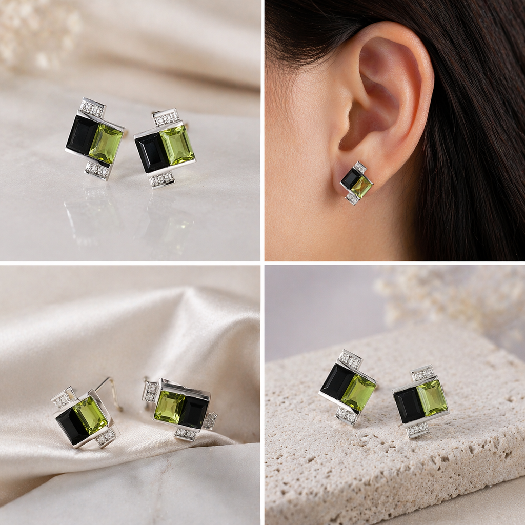Pendientes de plata 925 con peridoto y obsidiana | Aretes elegantes geométricos | Joyería moderna