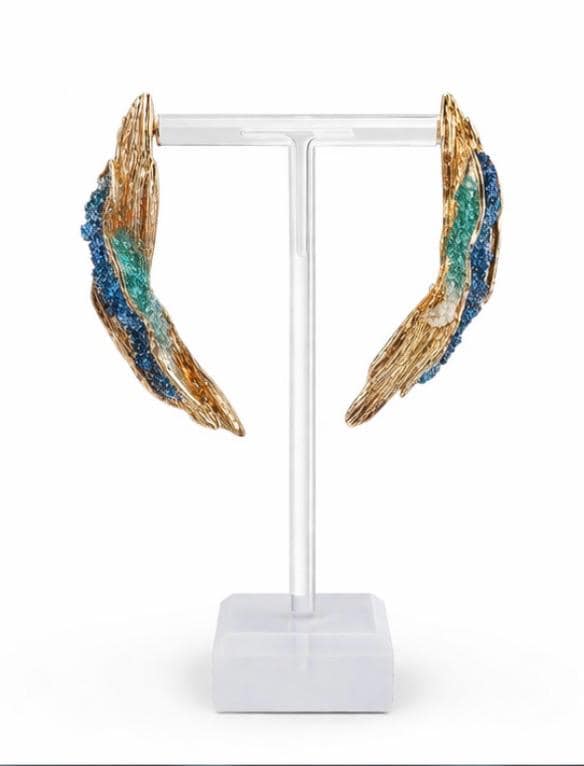 Pendiente largos artesanales ,plata y baño dorado,con un detalle de aguamarina y cuarza-Joyeria unica hecha a mano.