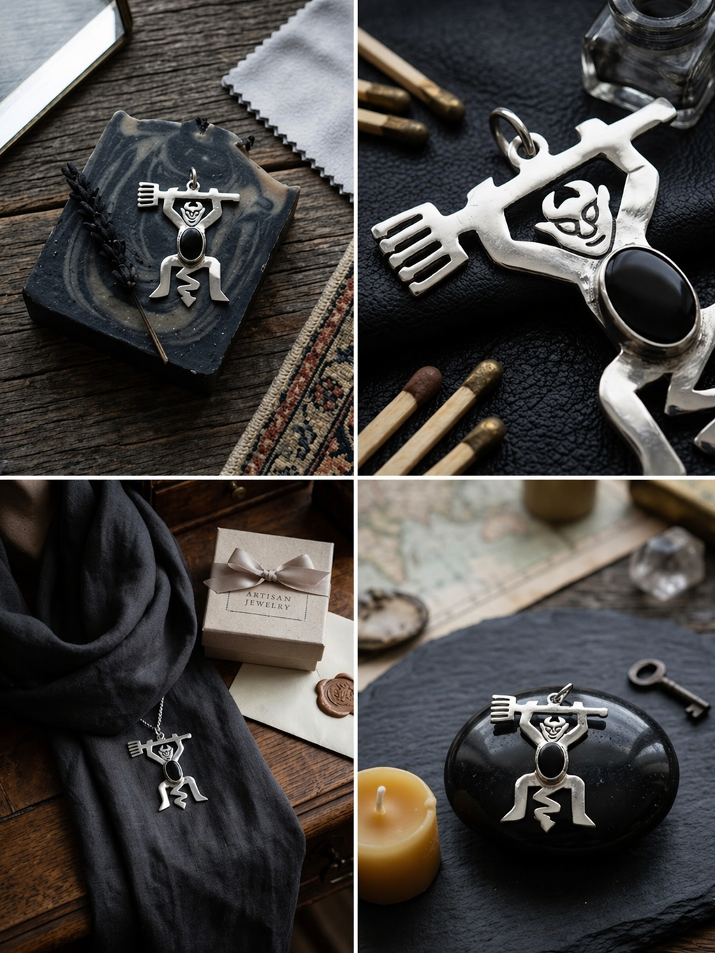 Colgante Diablillo de Plata de Ley y Piedra de Lava Volcánica | Amuleto Místico Hecho a Mano | Joyería Gótica Elegante y Protección
