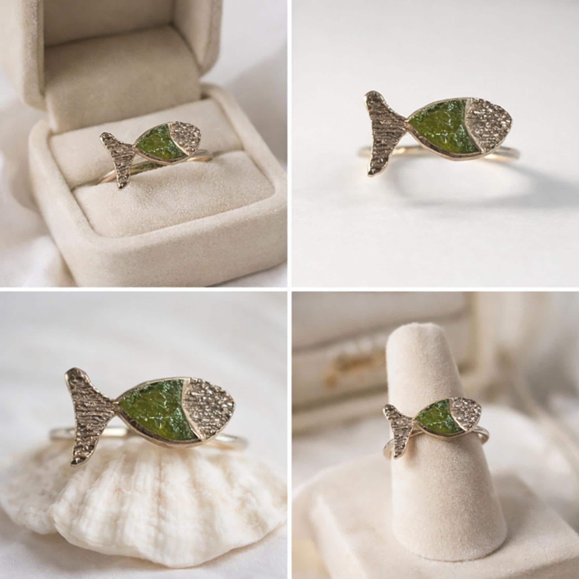 Anillo pez,de plata con baño dorado y peridoto(olivina)-Anillo ajustable artesanal-Joyeria original hecha a mano-Regalo para mujer.