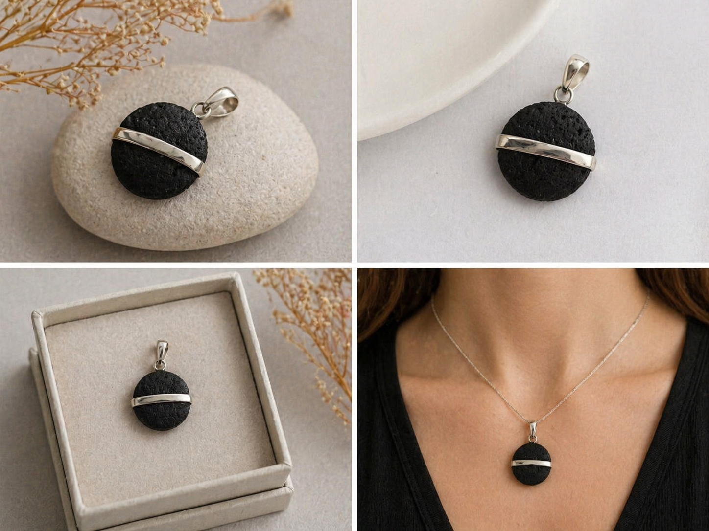 Colgante de Plata 925 con Lava Volcánica Natural | Collar Artesanal Elegante | Joyería Minimalista