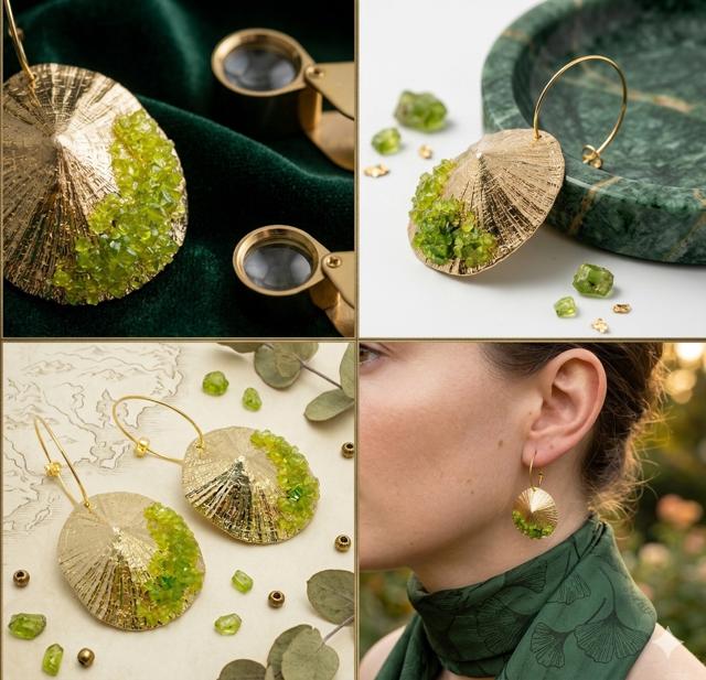 Pendiente artesanal, y original,de plata con baño dorado,y piedra  olivina-peridoto-Joyeria hecha a mano ,regalo elegante,para mujer.