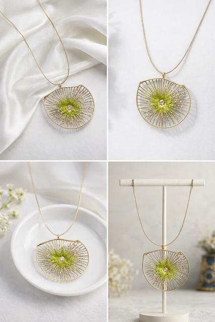 Collar colgante floral,de plata con baño dorado,peridoto(olivina)-Joya heca a mano-Collar elegante y original,para la mujer.