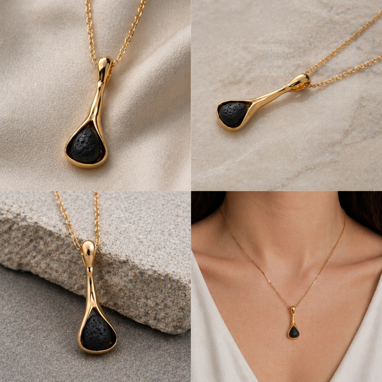 Colgante de plata con lava volcánica bañado en dorado | Collar minimalista elegante | Joyería artesanal moderna