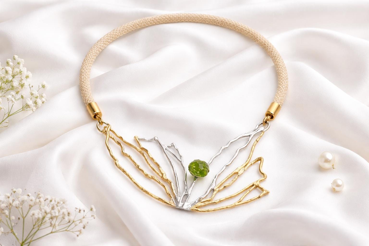 Collar de plata con peridoto y baño dorado degradé | Collar elegante orgánico | Joyería artesanal sofisticada