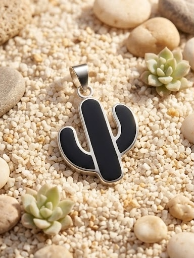 Colgante Cactus de Plata de Ley y Piedra de Lava, Collar Botánico Minimalista, Joyería de Desierto Hecha a Mano, Regalo Original de Naturaleza Volcánica.