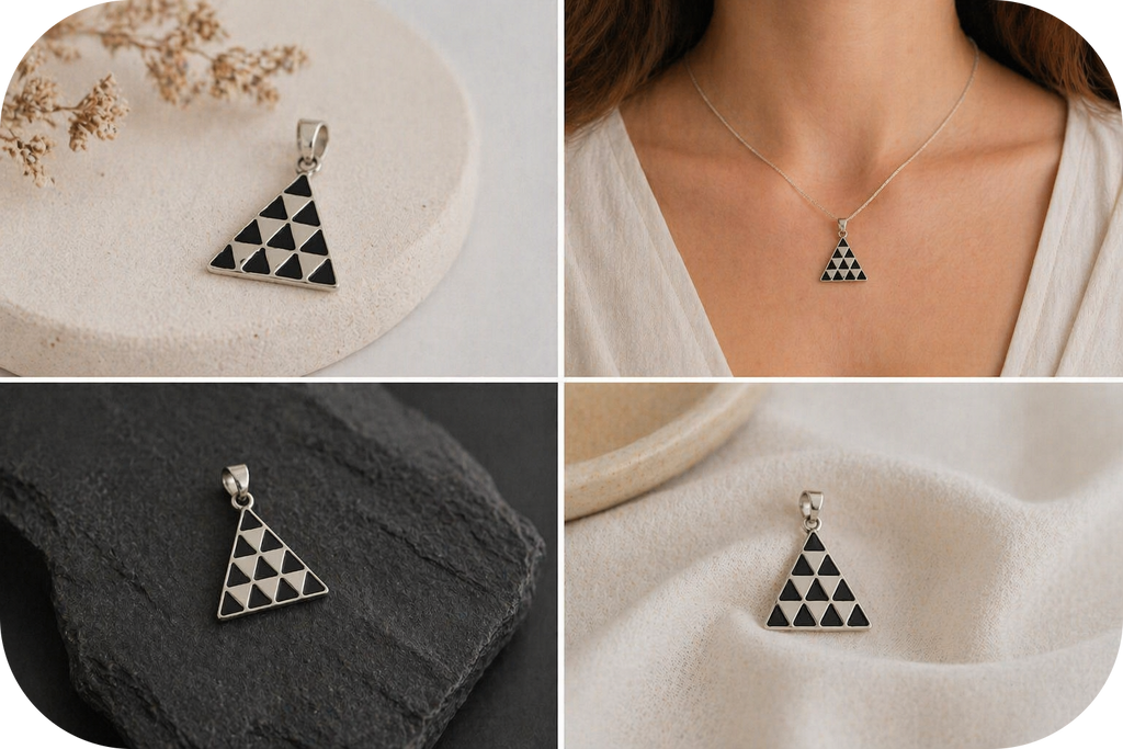 Colgante Triángulo de Plata 925 con Lava Volcánica Negra | Collar Geométrico Minimalista | Pintadera Canaria |Joyería Artesanal