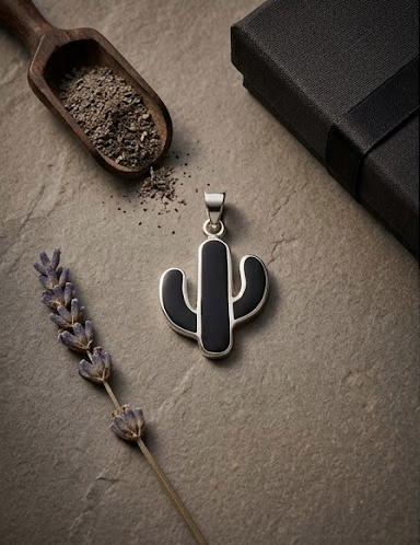 Colgante Cactus de Plata de Ley y Piedra de Lava, Collar Botánico Minimalista, Joyería de Desierto Hecha a Mano, Regalo Original de Naturaleza Volcánica.
