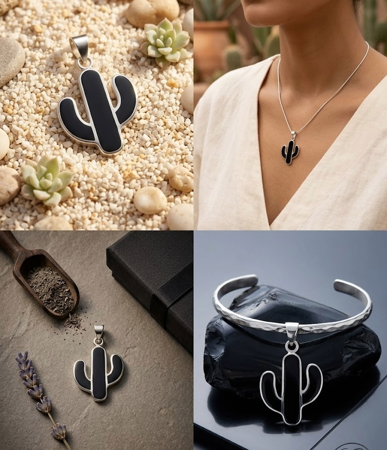 Colgante Cactus de Plata de Ley y Piedra de Lava, Collar Botánico Minimalista, Joyería de Desierto Hecha a Mano, Regalo Original de Naturaleza Volcánica.