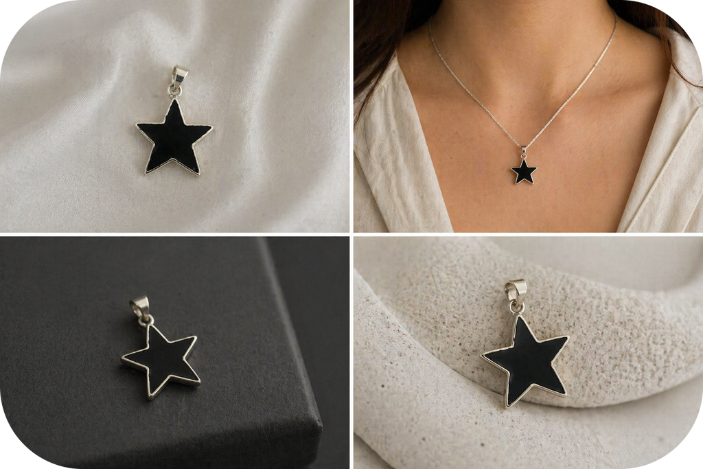 Colgante Estrella de Plata 925 con Lava Volcánica Negra | Collar Minimalista Elegante | Joyería Artesanal Moderna