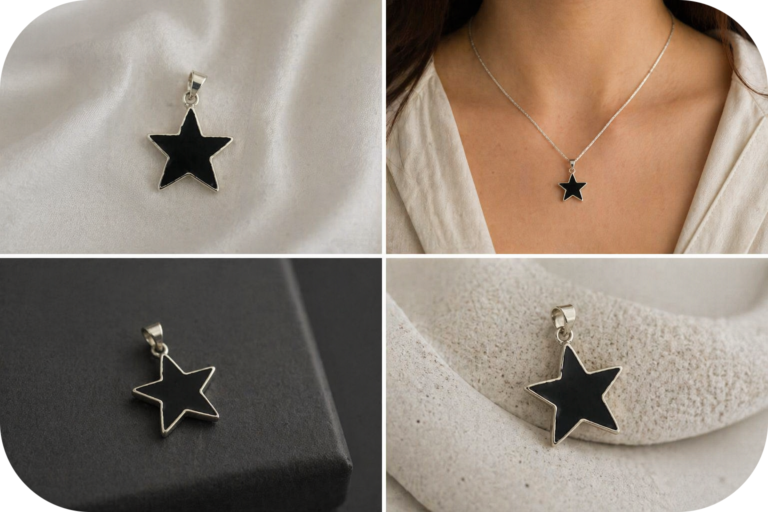 Colgante Estrella de Plata 925 con Lava Volcánica Negra | Collar Minimalista Elegante | Joyería Artesanal Moderna