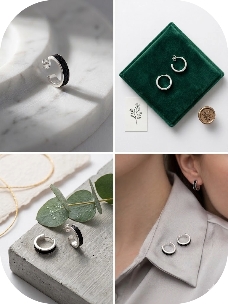 Pendientes de Aro en Plata de Ley 925 y Lava Volcánica, Aros Minimalistas de Piedra Natural, Joyería Orgánica Hecha a Mano.