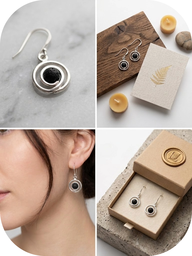 Pendientes de Espiral en Plata de Ley 925 y Lava Volcánica, Joyería Minimalista de Piedra Natural, Regalo Artesanal para Ella.