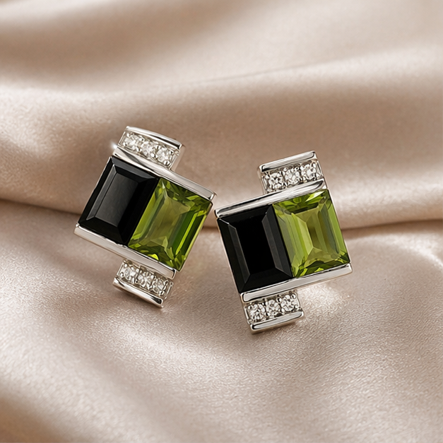 Pendientes de plata 925 con peridoto y obsidiana | Aretes elegantes geométricos | Joyería moderna