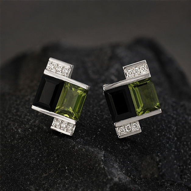 Pendientes de plata 925 con peridoto y obsidiana | Aretes elegantes geométricos | Joyería moderna