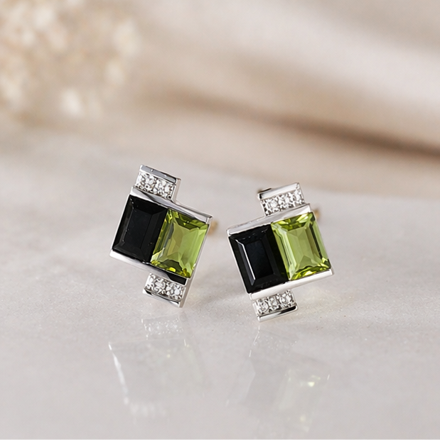 Colgante plata 925 con peridoto, obsidiana y circonitas | Collar elegante geométrico | Joyería fina moderna