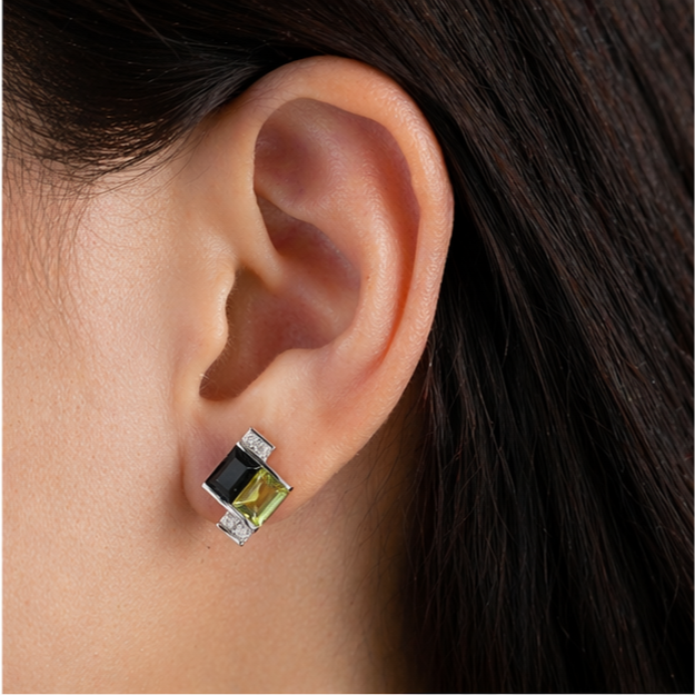 Pendientes de plata 925 con peridoto y obsidiana | Aretes elegantes geométricos | Joyería moderna