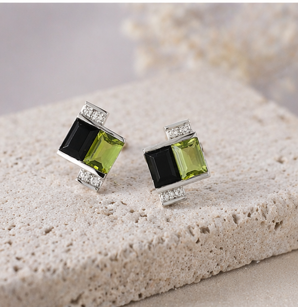 Pendientes de plata 925 con peridoto y obsidiana | Aretes elegantes geométricos | Joyería moderna