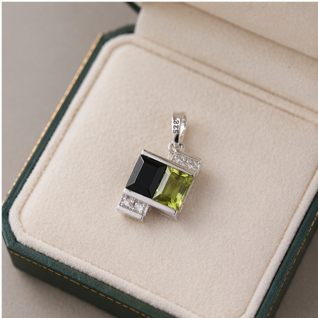 Colgante plata 925 con peridoto, obsidiana y circonitas | Collar elegante geométrico | Joyería fina moderna