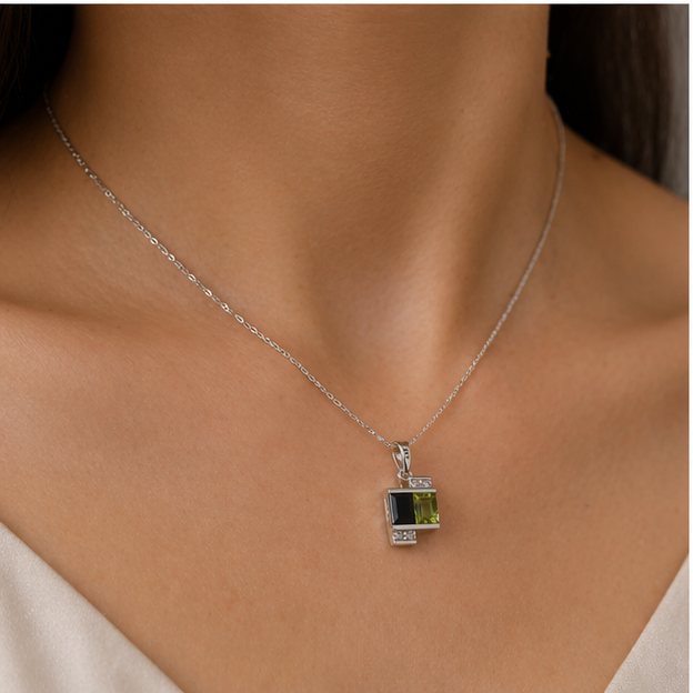 Colgante plata 925 con peridoto, obsidiana y circonitas | Collar elegante geométrico | Joyería fina moderna
