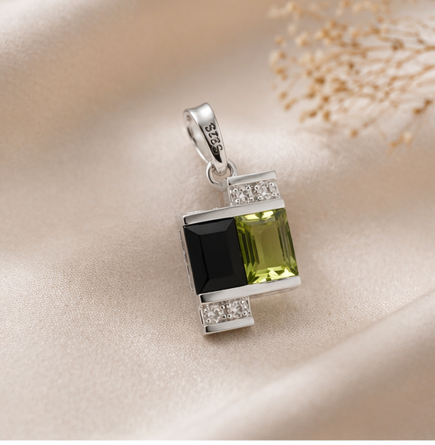 Colgante plata 925 con peridoto, obsidiana y circonitas | Collar elegante geométrico | Joyería fina moderna