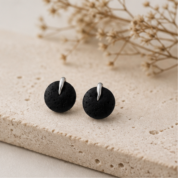 Pendientes Redondos de Plata con Piedra de Lava Natural