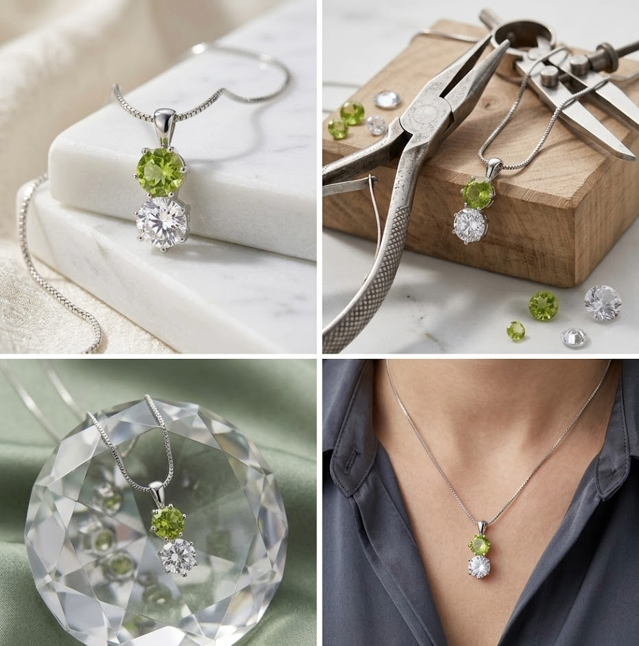 Collar de Peridoto y Circonita en Plata 925, Colgante de Dos Piedras para Mujer, Regalo Elegante y Minimalista para Ella.