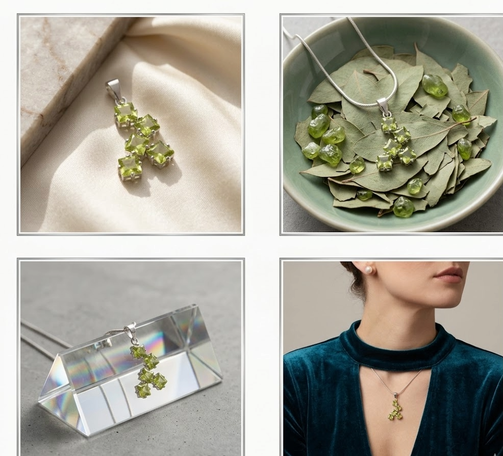 Colgante de Racimo de Peridoto en Plata de Ley 925, Collar de Piedras Geométricas Verdes, Joyería Artística y Moderna, Regalo Exclusivo para Mujer